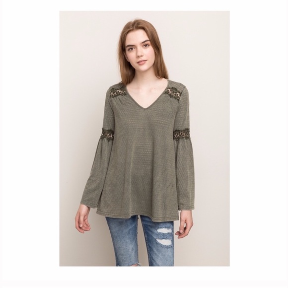 Garment Washed Bell Sleeved Top Sage Green - Picture 7 of 8